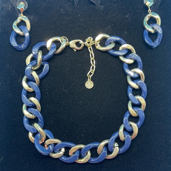R J Graziano Blue & Gold Chunky Chain Necklace & Earring Set - Picture 1 of 2